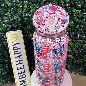 Patriotic Pink Butterfly Glitter Tumbler -